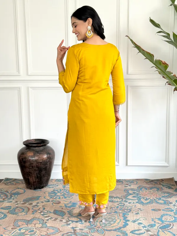 Yellow_Chanderi_Viscose_Embroidered_A-Line_Kurta_With_Dupatta_And_Pant_Set_For_Women