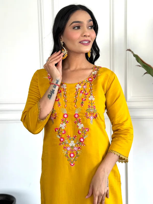 Yellow_Chanderi_Viscose_Embroidered_A-Line_Kurta_With_Dupatta_And_Pant_Set_For_Women