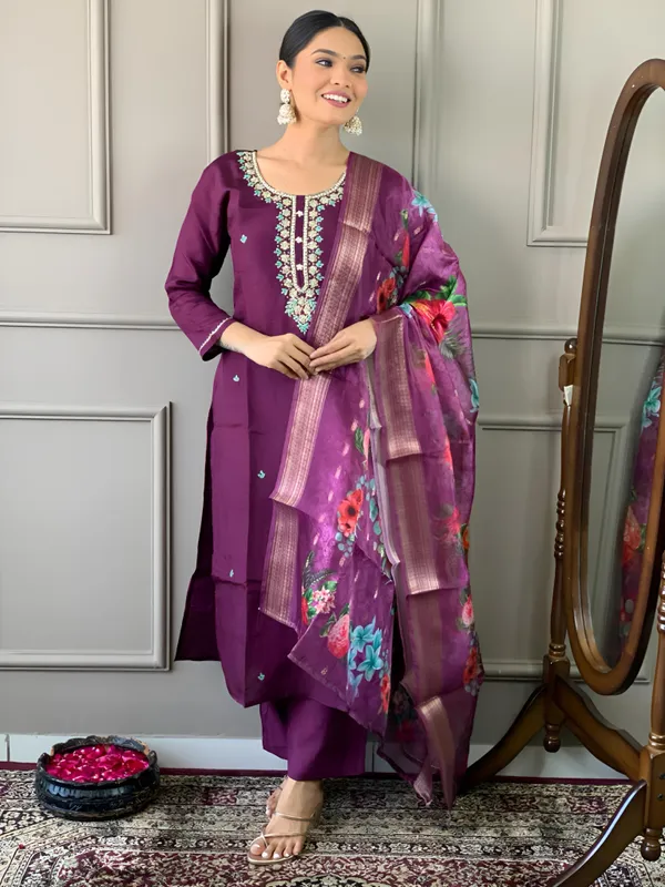 Wine_Chanderi_Viscose_Embroidered_A-Line_Kurta_With_Dupatta_And_Pant_Set_For_Women