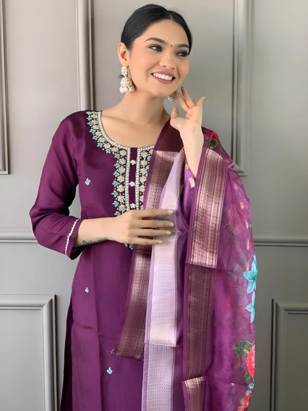 Wine_Chanderi_Viscose_Embroidered_A-Line_Kurta_With_Dupatta_And_Pant_Set_For_Women