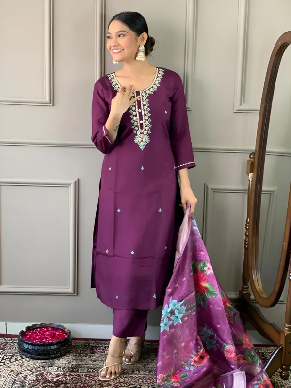 Wine_Chanderi_Viscose_Embroidered_A-Line_Kurta_With_Dupatta_And_Pant_Set_For_Women