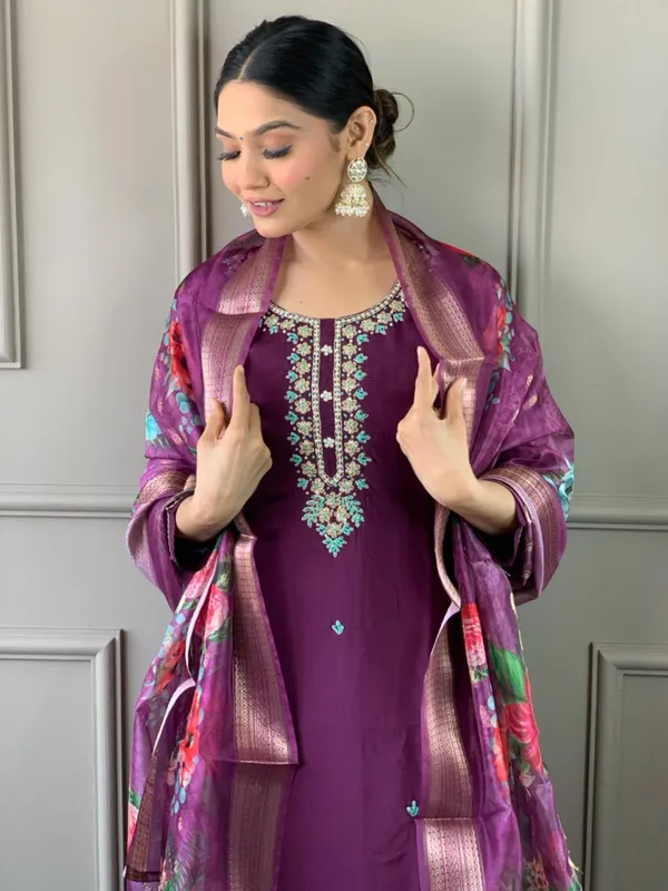 Wine_Chanderi_Viscose_Embroidered_A-Line_Kurta_With_Dupatta_And_Pant_Set_For_Women