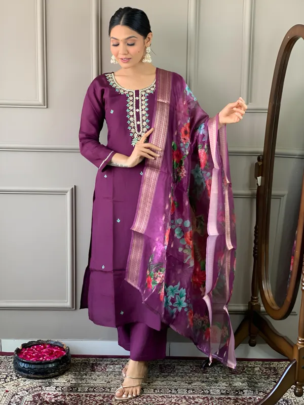 Wine_Chanderi_Viscose_Embroidered_A-Line_Kurta_With_Dupatta_And_Pant_Set_For_Women