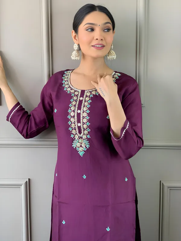 Wine_Chanderi_Viscose_Embroidered_A-Line_Kurta_With_Dupatta_And_Pant_Set_For_Women