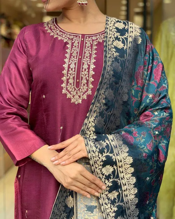 Purple_Viscose_Rayon_Embroidered_A-Line_Kurta_With_Dupatta_And_Pant_Set_For_Women