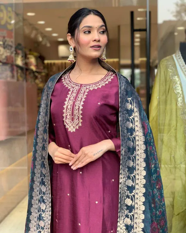 Purple_Viscose_Rayon_Embroidered_A-Line_Kurta_With_Dupatta_And_Pant_Set_For_Women