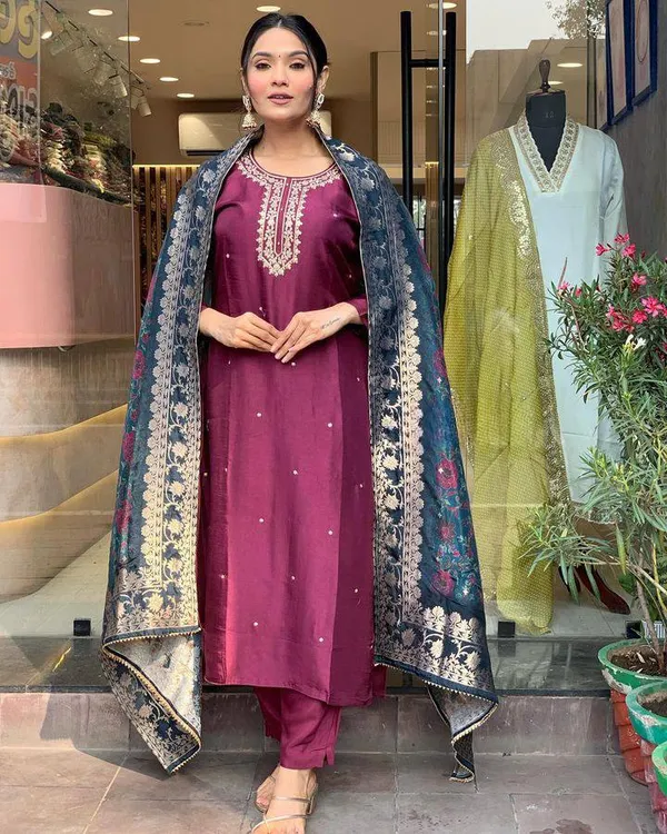 Purple_Viscose_Rayon_Embroidered_A-Line_Kurta_With_Dupatta_And_Pant_Set_For_Women