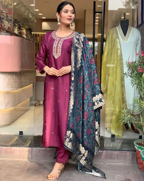 Purple_Viscose_Rayon_Embroidered_A-Line_Kurta_With_Dupatta_And_Pant_Set_For_Women