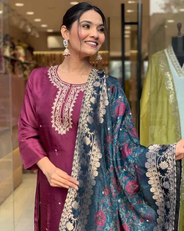Purple_Viscose_Rayon_Embroidered_A-Line_Kurta_With_Dupatta_And_Pant_Set_For_Women