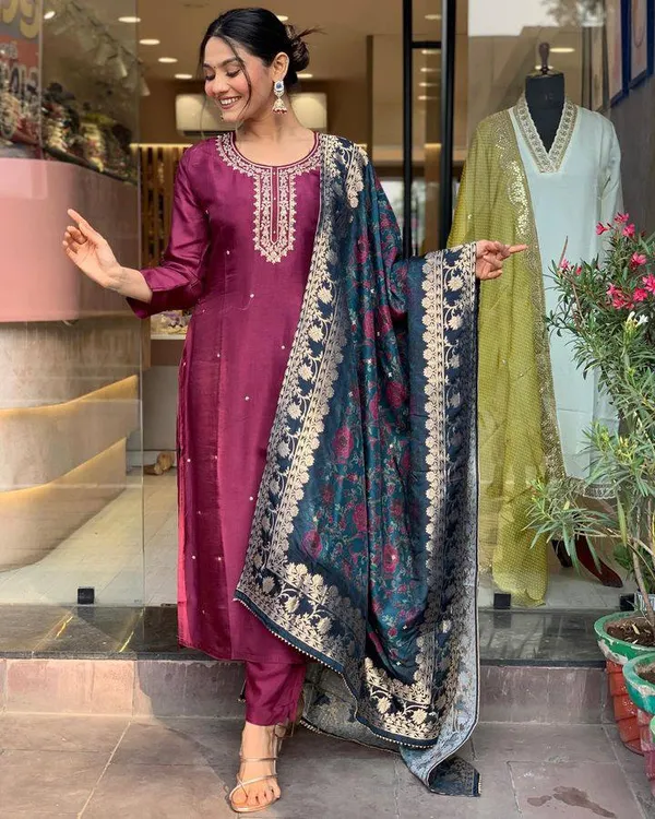 Purple_Viscose_Rayon_Embroidered_A-Line_Kurta_With_Dupatta_And_Pant_Set_For_Women