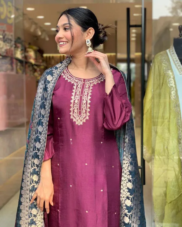 Purple_Viscose_Rayon_Embroidered_A-Line_Kurta_With_Dupatta_And_Pant_Set_For_Women