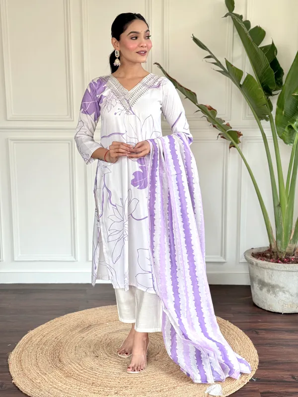 Lavender_Rayon_Printed_A-Line_Kurta_With_Dupatta_And_Pant_Set_For_Women