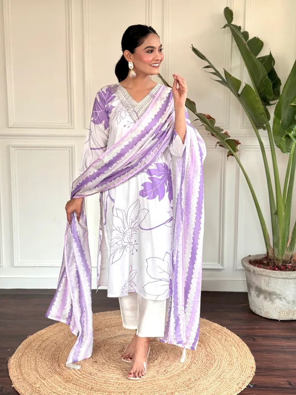 Lavender_Rayon_Printed_A-Line_Kurta_With_Dupatta_And_Pant_Set_For_Women