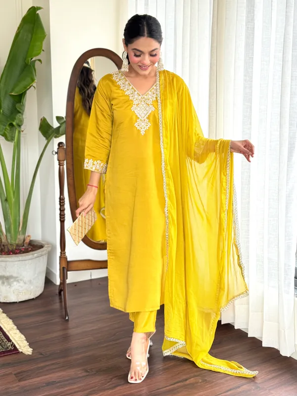 Yellow_Chanderi_Viscose_Embroidered_A-Line_Kurta_With_Dupatta_And_Pant_Set_For_Women