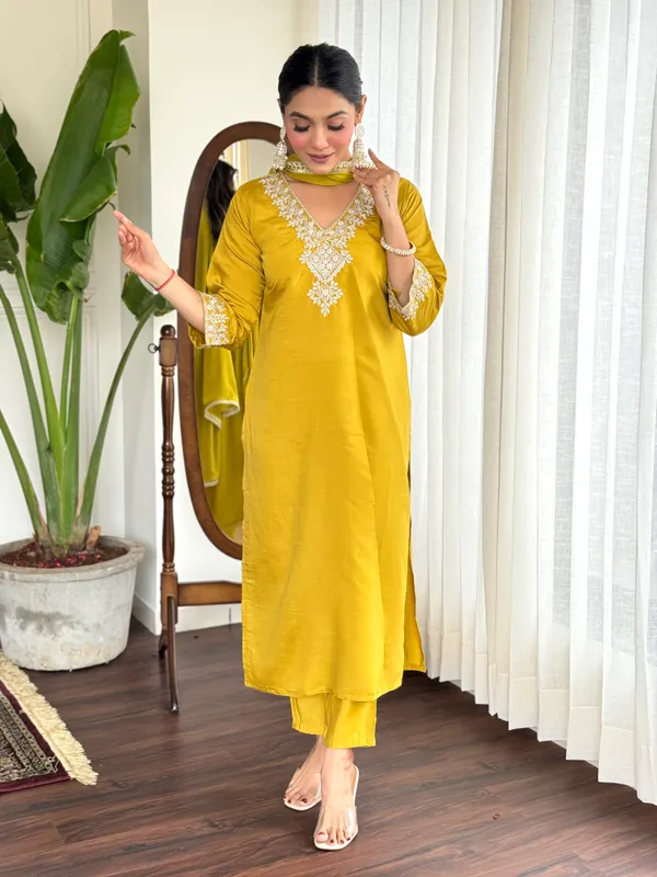 Yellow_Chanderi_Viscose_Embroidered_A-Line_Kurta_With_Dupatta_And_Pant_Set_For_Women