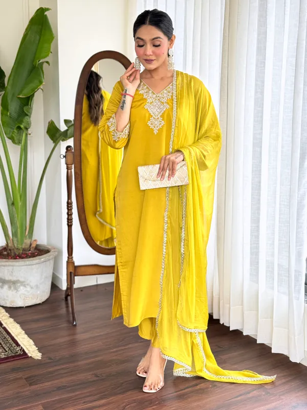 Yellow_Chanderi_Viscose_Embroidered_A-Line_Kurta_With_Dupatta_And_Pant_Set_For_Women