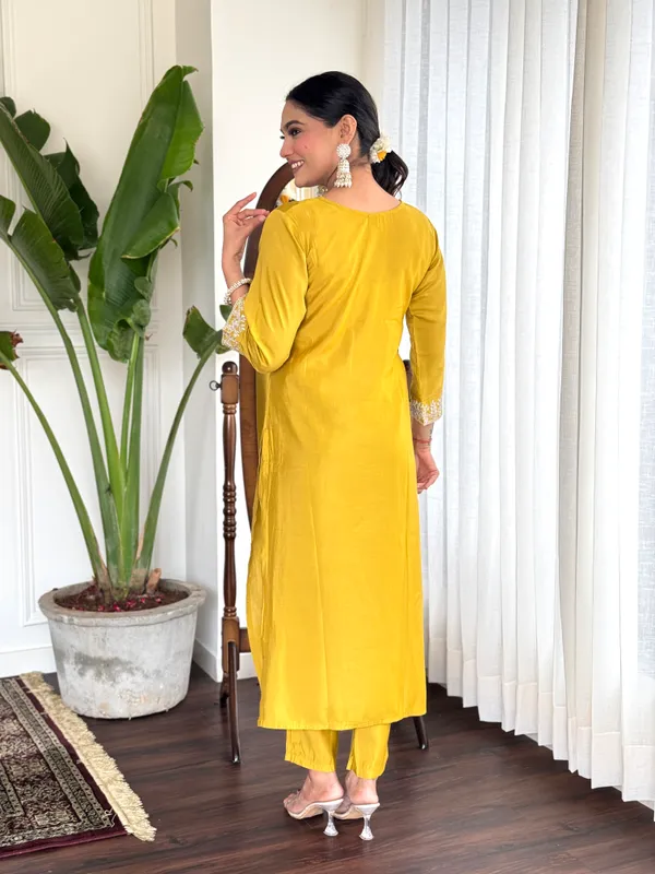 Yellow_Chanderi_Viscose_Embroidered_A-Line_Kurta_With_Dupatta_And_Pant_Set_For_Women