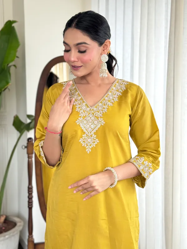 Yellow_Chanderi_Viscose_Embroidered_A-Line_Kurta_With_Dupatta_And_Pant_Set_For_Women