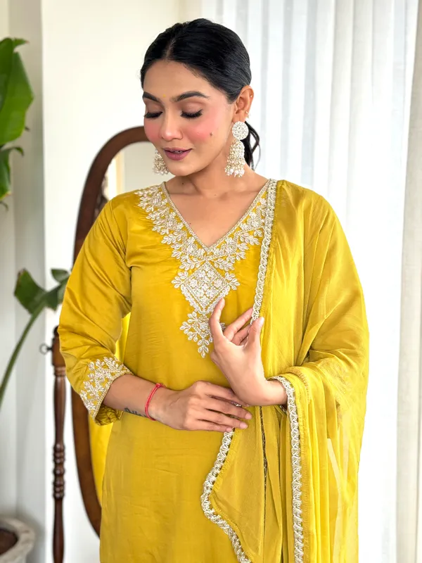 Yellow_Chanderi_Viscose_Embroidered_A-Line_Kurta_With_Dupatta_And_Pant_Set_For_Women