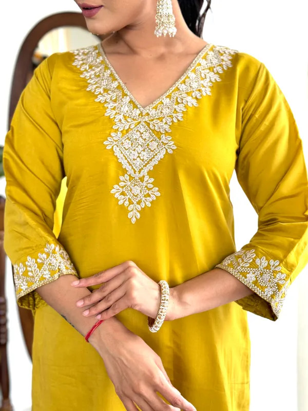 Yellow_Chanderi_Viscose_Embroidered_A-Line_Kurta_With_Dupatta_And_Pant_Set_For_Women