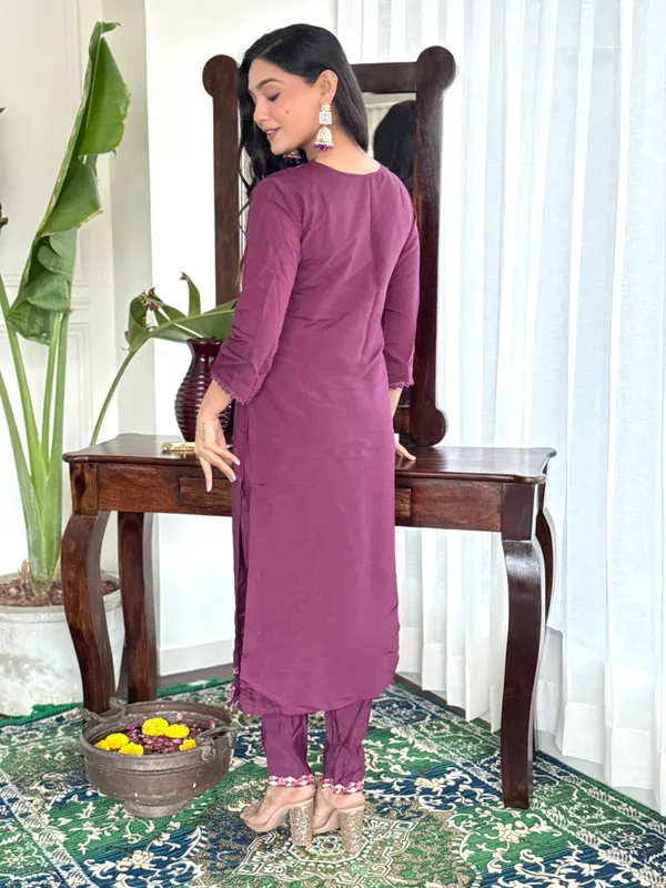 Purple_Chanderi_Viscose_Embroidered_A-Line_Kurta_With_Dupatta_And_Pant_Set_For_Women