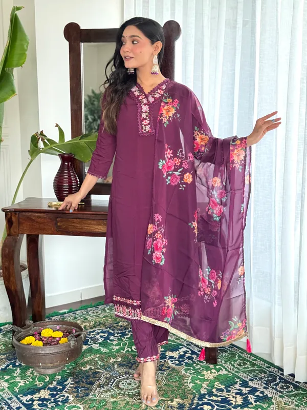 Purple_Chanderi_Viscose_Embroidered_A-Line_Kurta_With_Dupatta_And_Pant_Set_For_Women