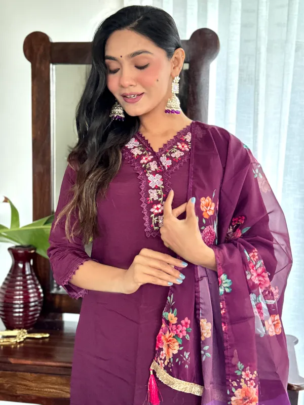 Purple_Chanderi_Viscose_Embroidered_A-Line_Kurta_With_Dupatta_And_Pant_Set_For_Women