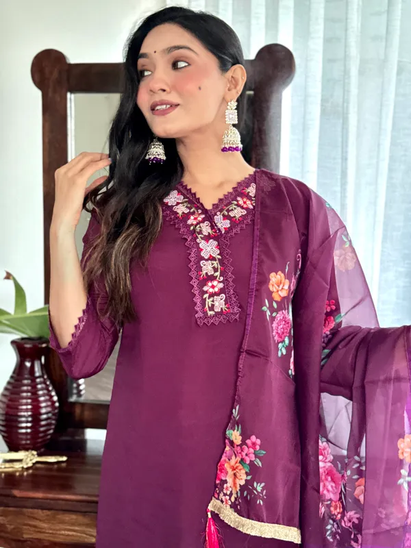 Purple_Chanderi_Viscose_Embroidered_A-Line_Kurta_With_Dupatta_And_Pant_Set_For_Women