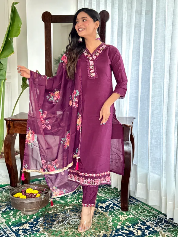 Purple_Chanderi_Viscose_Embroidered_A-Line_Kurta_With_Dupatta_And_Pant_Set_For_Women
