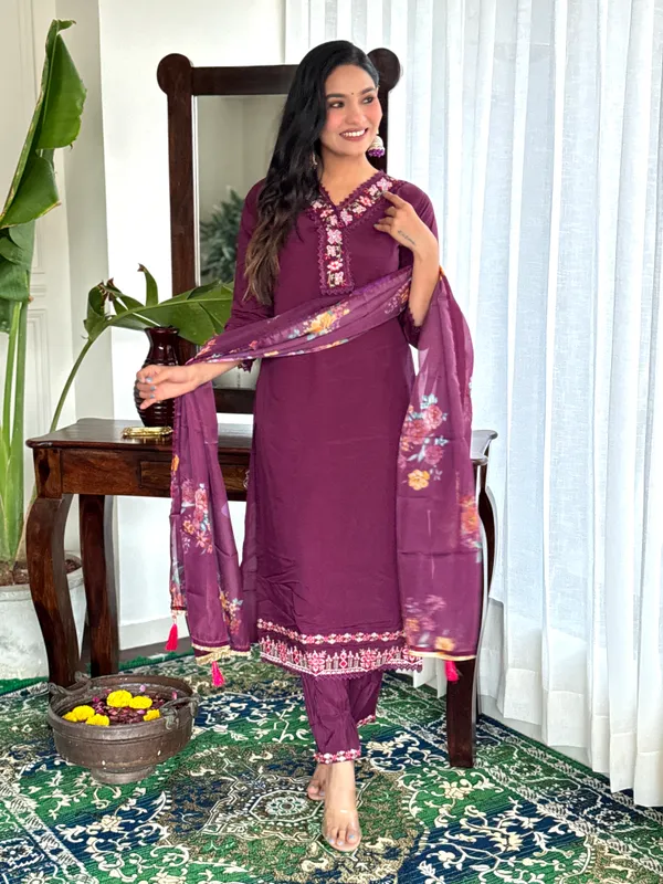 Purple_Chanderi_Viscose_Embroidered_A-Line_Kurta_With_Dupatta_And_Pant_Set_For_Women