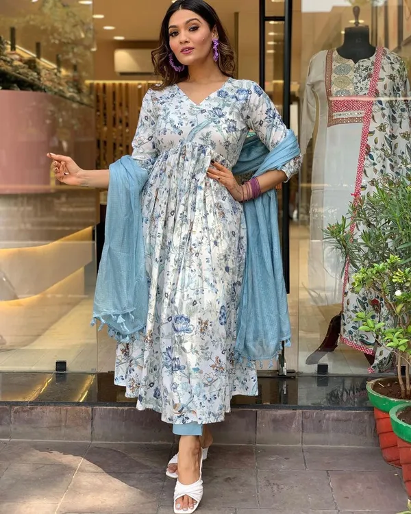Blue_Crepe_Embroidered_A-Line_Kurta_With_Dupatta_And_Pant_Set_For_Women