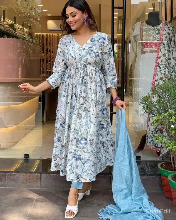 Blue_Crepe_Embroidered_A-Line_Kurta_With_Dupatta_And_Pant_Set_For_Women