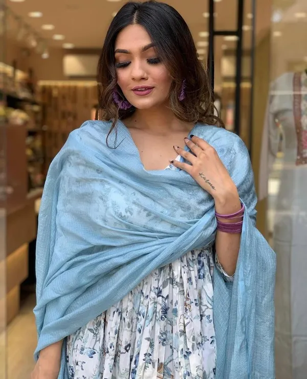 Blue_Crepe_Embroidered_A-Line_Kurta_With_Dupatta_And_Pant_Set_For_Women