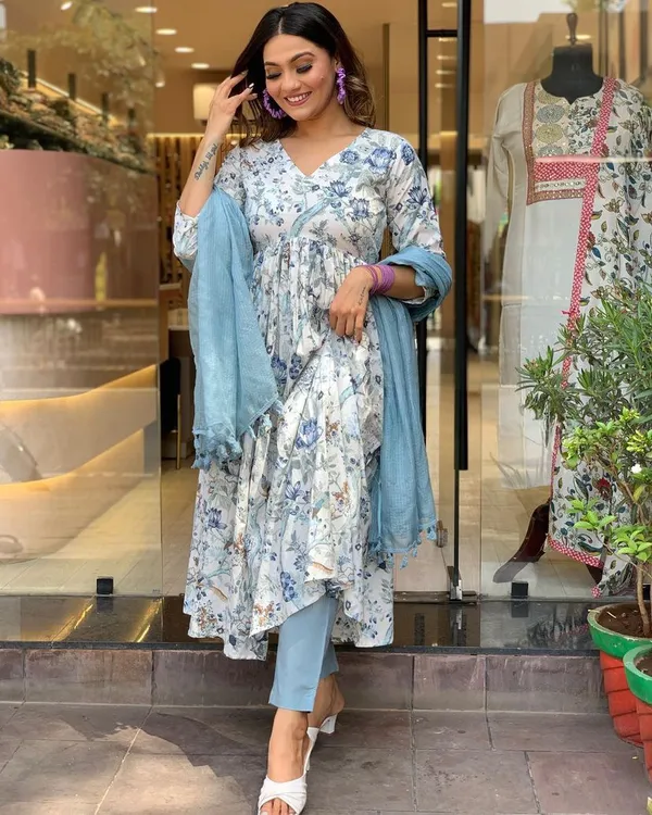 Blue_Crepe_Embroidered_A-Line_Kurta_With_Dupatta_And_Pant_Set_For_Women