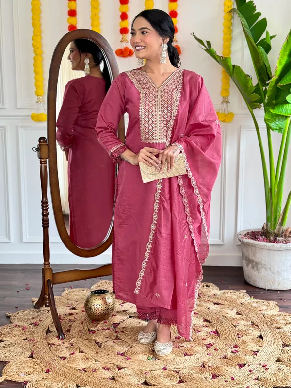 Red_Chanderi_Viscose_Embroidered_A-Line_Kurta_With_Dupatta_And_Pant_Set_For_Women
