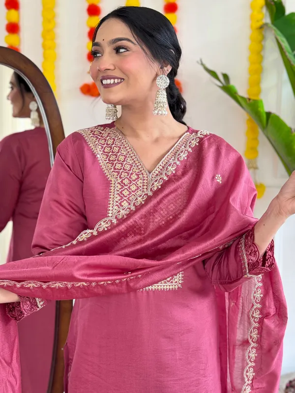 Red_Chanderi_Viscose_Embroidered_A-Line_Kurta_With_Dupatta_And_Pant_Set_For_Women