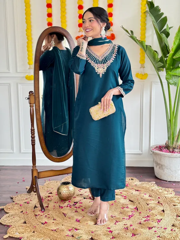 Blue_Chanderi_Viscose_Embroidered_A-Line_Kurta_With_Dupatta_And_Pant_Set_For_Women