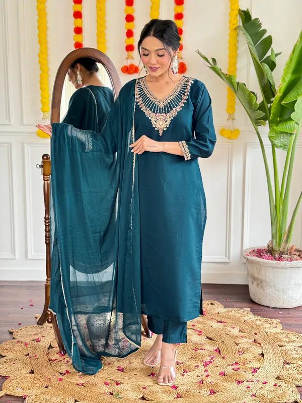 Blue_Chanderi_Viscose_Embroidered_A-Line_Kurta_With_Dupatta_And_Pant_Set_For_Women