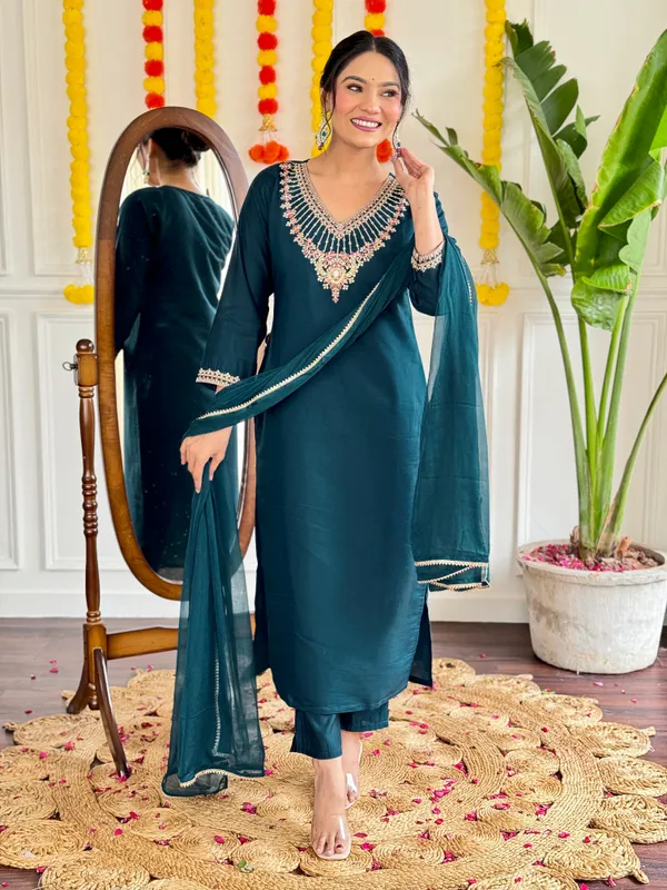 Blue_Chanderi_Viscose_Embroidered_A-Line_Kurta_With_Dupatta_And_Pant_Set_For_Women