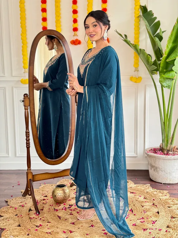 Blue_Chanderi_Viscose_Embroidered_A-Line_Kurta_With_Dupatta_And_Pant_Set_For_Women