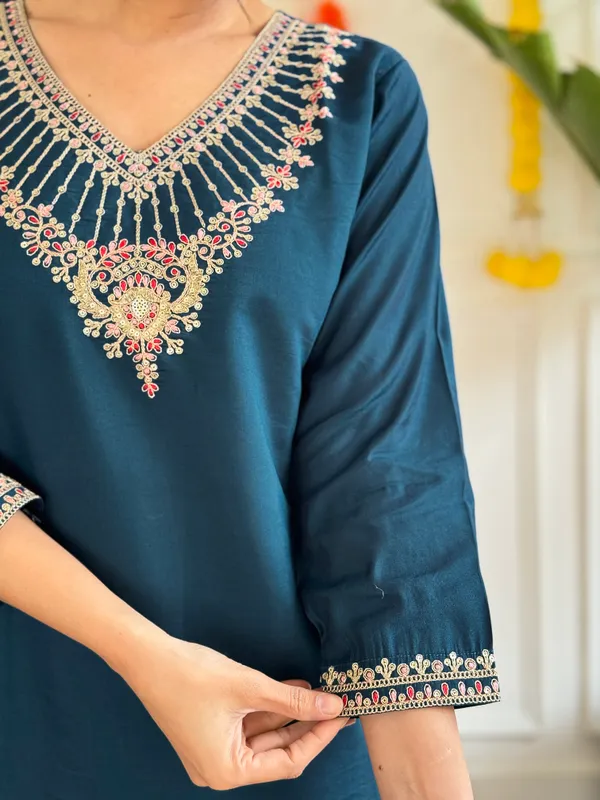 Blue_Chanderi_Viscose_Embroidered_A-Line_Kurta_With_Dupatta_And_Pant_Set_For_Women