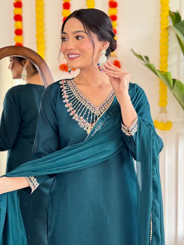 Blue_Chanderi_Viscose_Embroidered_A-Line_Kurta_With_Dupatta_And_Pant_Set_For_Women