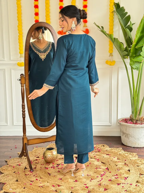 Blue_Chanderi_Viscose_Embroidered_A-Line_Kurta_With_Dupatta_And_Pant_Set_For_Women