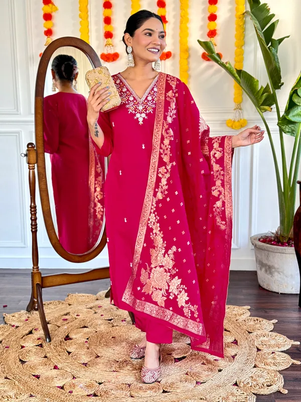 Red_Chanderi_Viscose_Embroidered_A-Line_Kurta_With_Dupatta_And_Pant_Set_For_Women