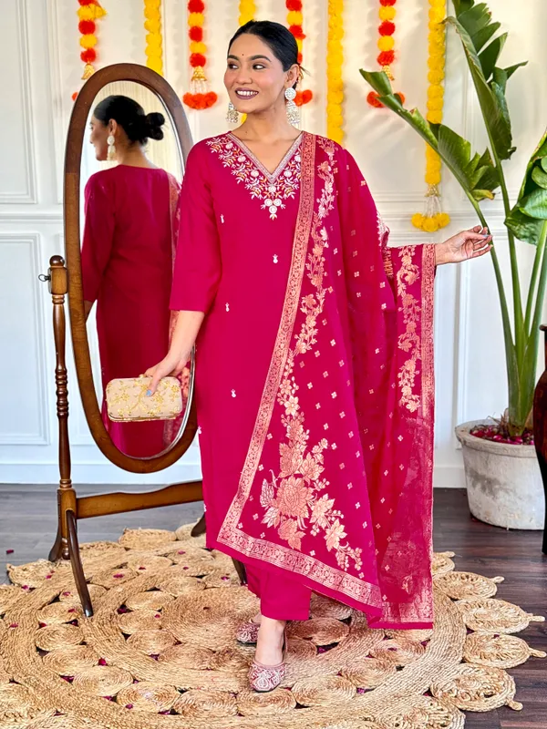 Red_Chanderi_Viscose_Embroidered_A-Line_Kurta_With_Dupatta_And_Pant_Set_For_Women