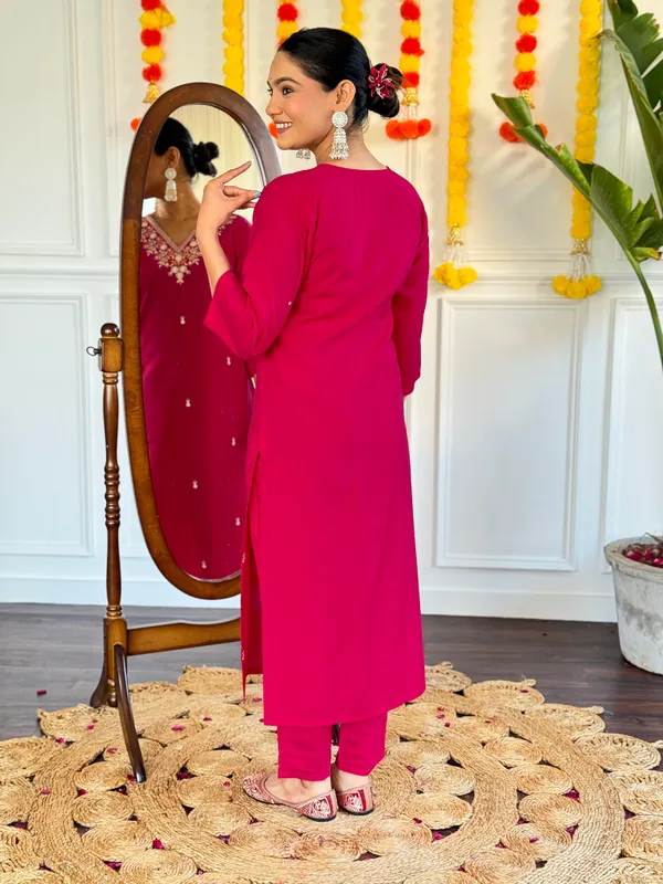 Red_Chanderi_Viscose_Embroidered_A-Line_Kurta_With_Dupatta_And_Pant_Set_For_Women