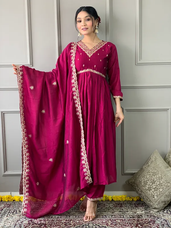 Maroon_Cp_Vichitra_Embroidered_A-Line_Kurta_With_Dupatta_And_Pant_Set_For_Women