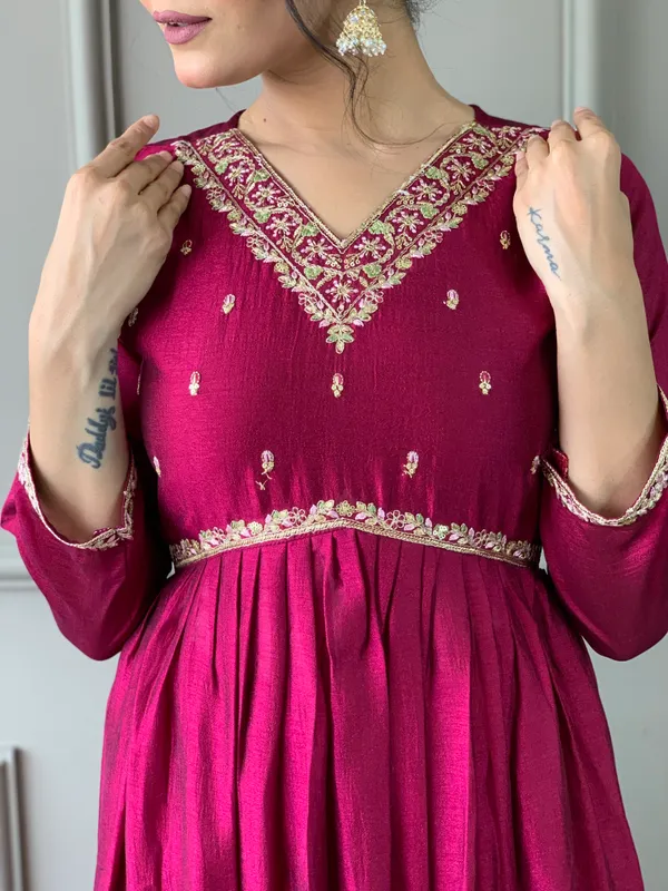 Maroon_Cp_Vichitra_Embroidered_A-Line_Kurta_With_Dupatta_And_Pant_Set_For_Women