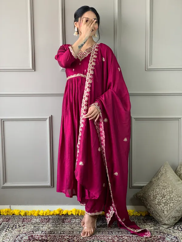Maroon_Cp_Vichitra_Embroidered_A-Line_Kurta_With_Dupatta_And_Pant_Set_For_Women