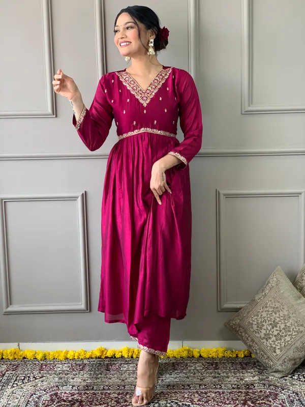 Maroon_Cp_Vichitra_Embroidered_A-Line_Kurta_With_Dupatta_And_Pant_Set_For_Women